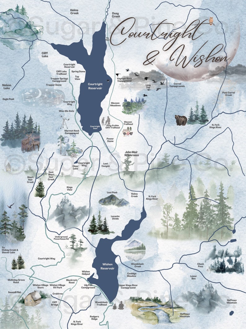 Courtright Reservoir and Wishon Lake Map Print for Airbnb Etsy Canada
