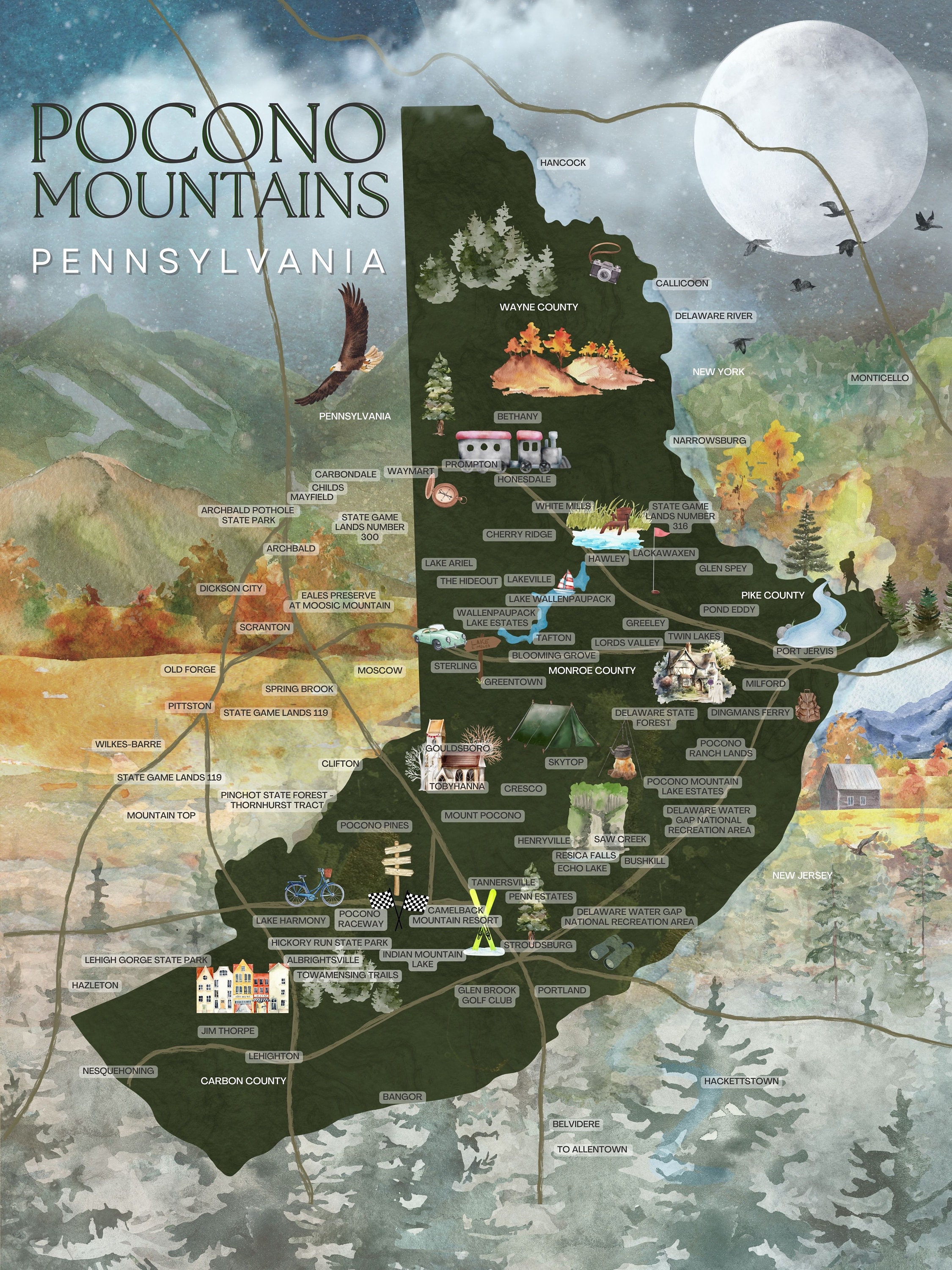 Pocono Mountains Pennsylvania Watercolor Map Print Detailed Mountain