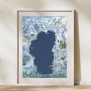 Lake Tahoe Watercolor Map, Cabin Wall Art, Airbnb Decor, Lake Tahoe Wall Art Poster, Lake Tahoe Painting, Custom Lake Map Print