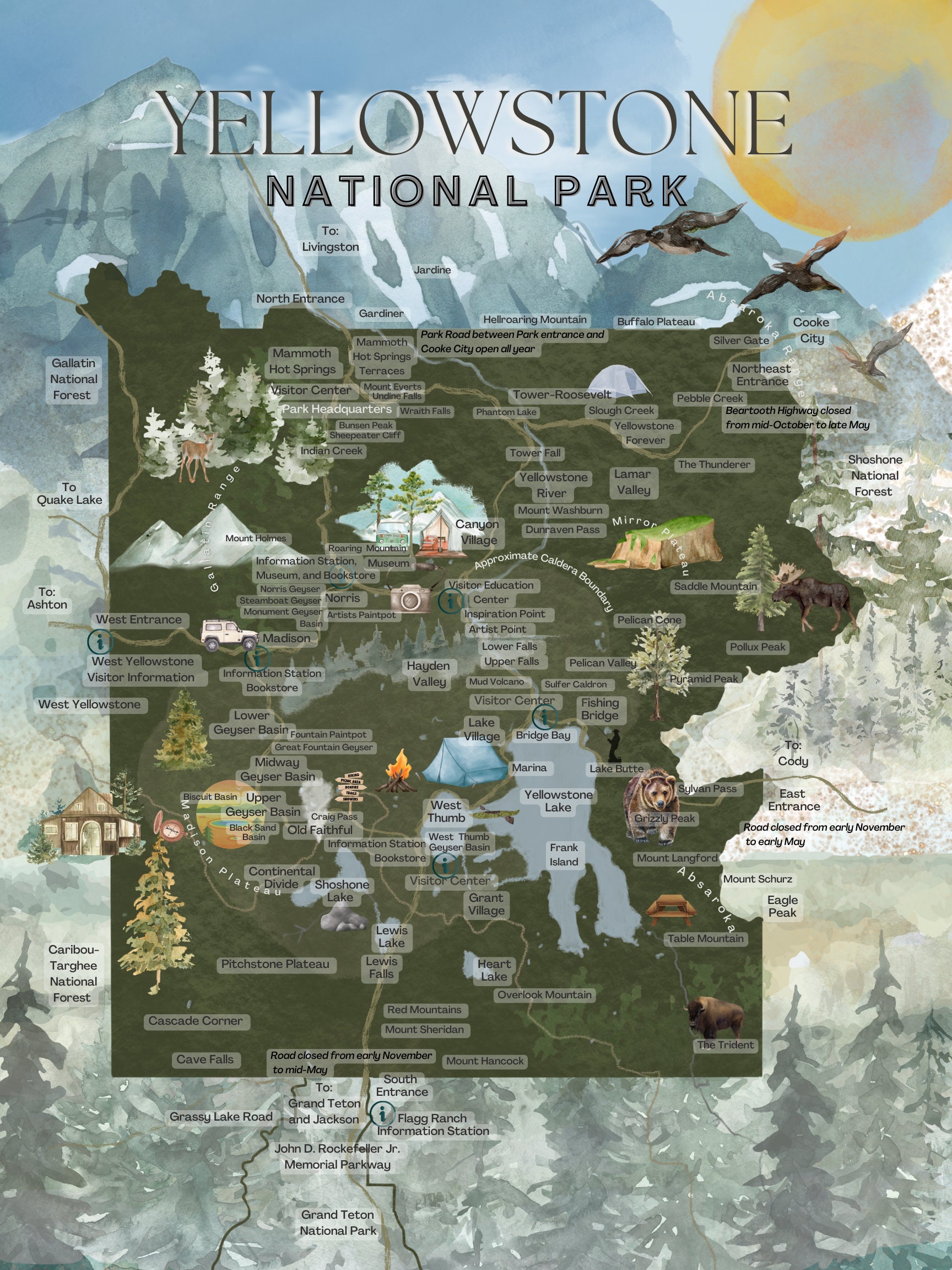 Yellowstone National Park Map, Yellowstone Watercolor Poster ...