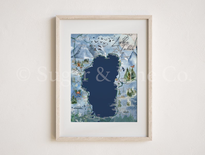 Lake Tahoe Watercolor Map, Cabin Wall Art, Airbnb Decor, Lake Tahoe