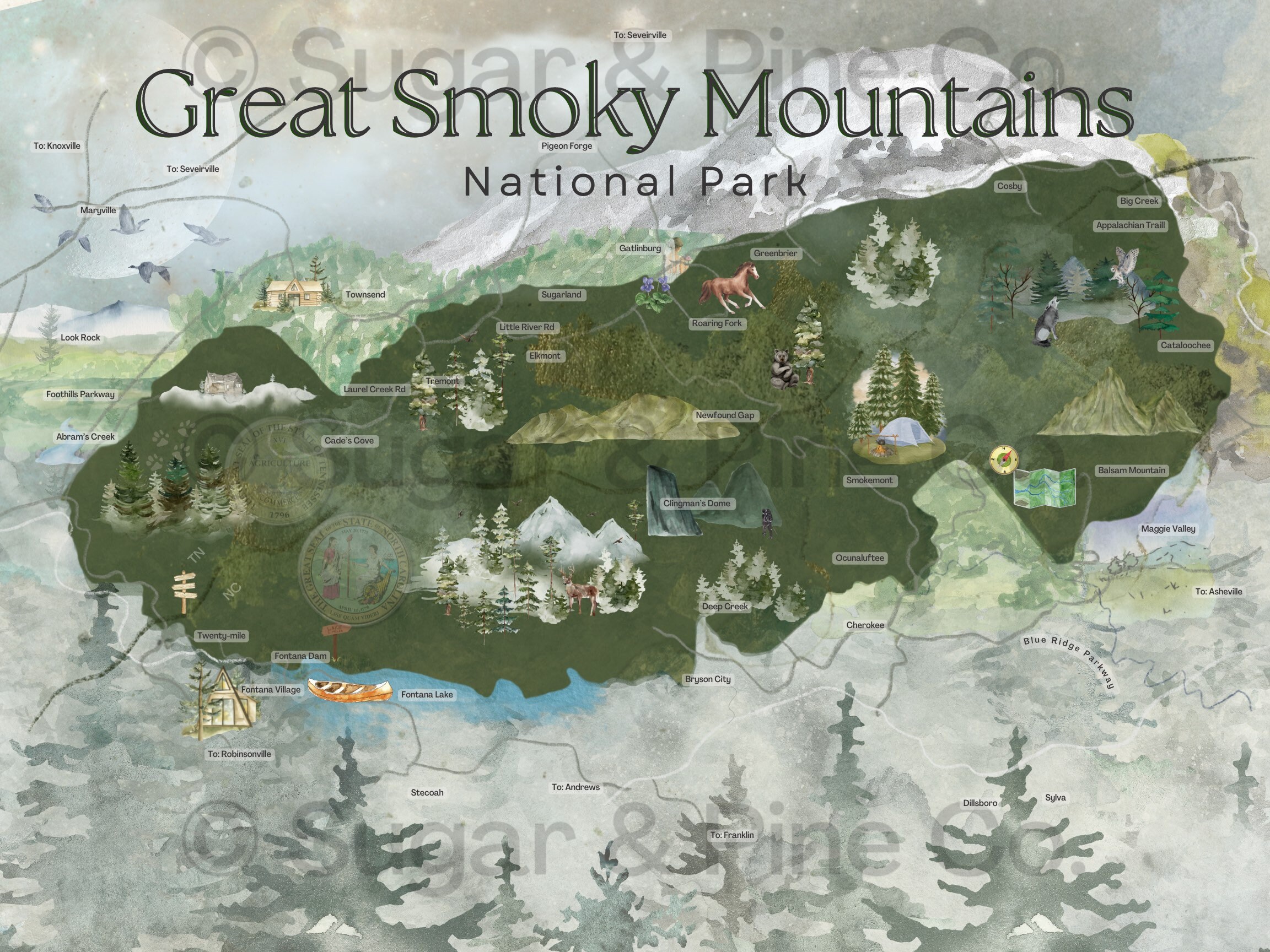 Smoky Mountains Map , Smoky Mountains National Park Wall Art, Tennesse Print, Smoky Mountains ...