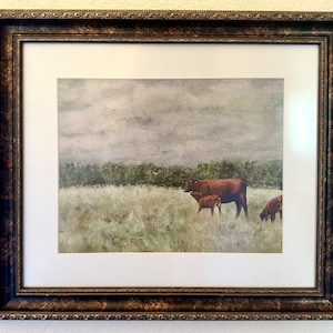 Muted Landscape Cow Oil Painting Giclee Fine Art Print, McGee & Co. Style Print, Neutral Vintage Wall Art, Horizontal Ranch Rustic Decor