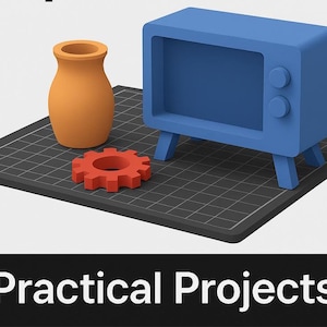 Könnte beinhalten: Ein blauer Fernseher mit einem schwarzen Bildschirm, einem roten Zahnrad und einer orangefarbenen Vase auf einer schwarzen Gitteroberfläche. Der Text "Practical Projects" wird unter dem Bild angezeigt.