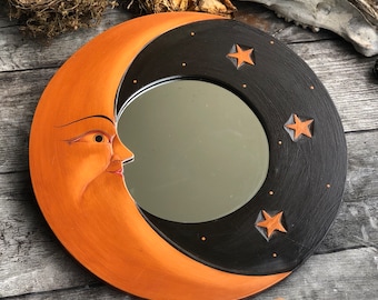 Espejo de madera celeste con luna antropomórfica vintage y estrellas | Percha de pared | Decoración del hogar de brujas