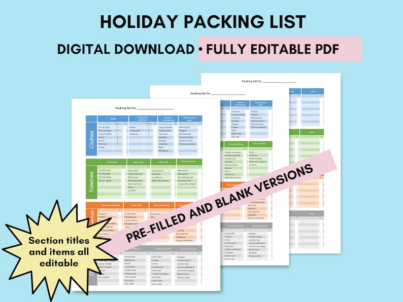 Holiday Packing List Editable List Male and Female Packing Lists ...
