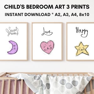 Arte mural imprimible. Juego de 3 con palabras. Ideal para la habitación de los niños o la guardería. Tamaños A4, A3, A2. 8 x 10 pulgadas u otros.