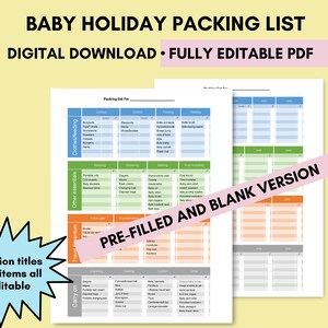 Baby Vacation Packing List  Editable list  Digital Download  Pre-filled packing list Blank packing list  Fully Editable baby packing list