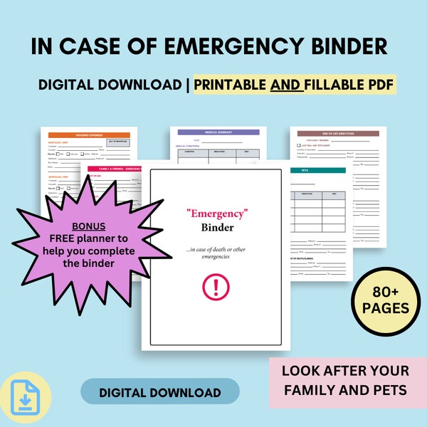 Emergency Binder.  Editable In Case of Emergency Binder.  Fillable planner. ‘What if’ Binder. Editable emergency binder. Digital Download