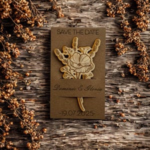Tarjetas rústicas florales para guardar la fecha: anuncio de boda de madera personalizado, corte láser botánico con reverso de cartón kraft.