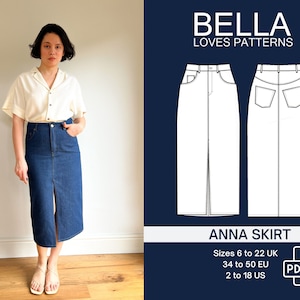 May include: A digital sewing pattern for a denim skirt called "Anna Skirt" by Bella Loves Patterns. The pattern includes sizes 6 to 22 UK, 34 to 50 EU, and 2 to 18 US. The pattern is available as a PDF download.