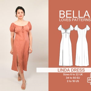 LINDA DRESS - Pdf sewing pattern - sizes 6 -22 UK Multi size pattern - English only