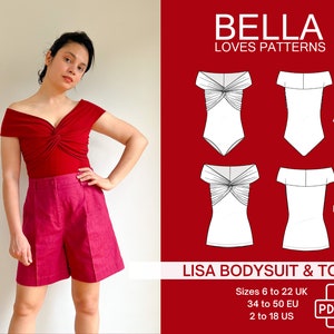 Peut inclure: Patron de couture numérique pour un body et un haut avec un détail torsadé. Le patron est disponible dans les tailles 6 à 22 UK, 34 à 50 EU et 2 à 18 US. Le patron s'appelle "Lisa Bodysuit & Top" et est de Bella Loves Patterns.