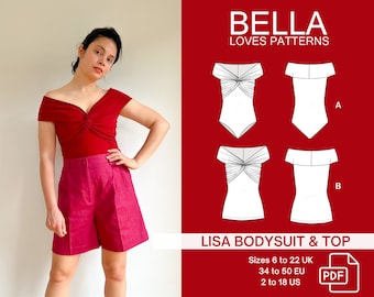 May include: A digital sewing pattern for a bodysuit and top with a twist detail. The pattern is available in sizes 6 to 22 UK, 34 to 50 EU, and 2 to 18 US. The pattern is called "Lisa Bodysuit & Top" and is from Bella Loves Patterns.