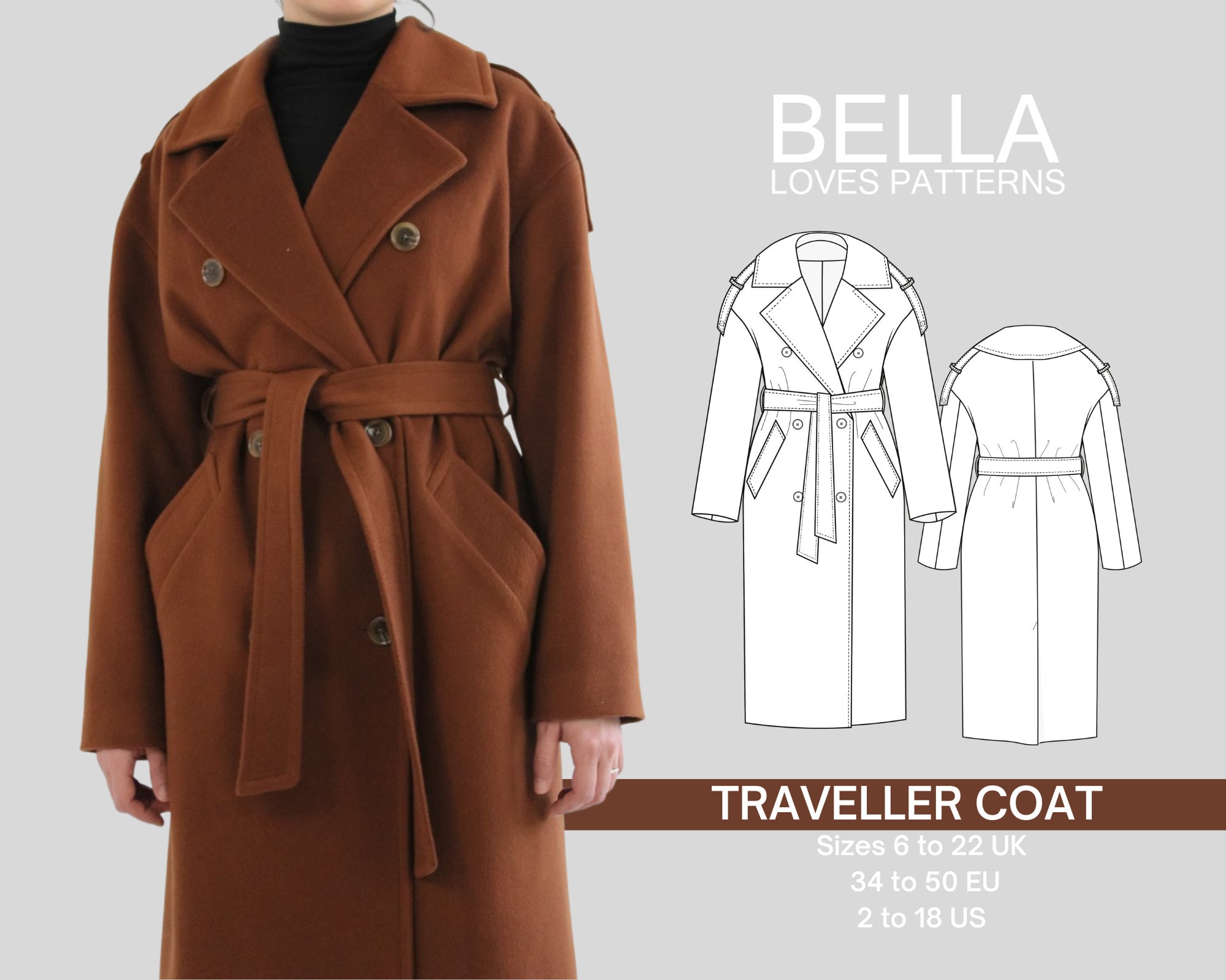 TRAVELLER COAT Pdf Sewing Pattern Sizes 6 22 UK Multi Size Pattern