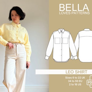 Peut inclure: Patron de couture PDF téléchargeable pour une chemise appelée "Leo Shirt" par Bella Loves Patterns. Le patron comprend les tailles 6 à 22 UK, 34 à 50 EU et 2 à 18 US.