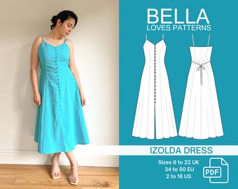 May include: A digital sewing pattern for a sleeveless dress called the Izolda Dress. The pattern is available in sizes 6 to 22 UK, 34 to 50 EU, and 2 to 18 US. The pattern is from Bella Loves Patterns and is available as a PDF download.