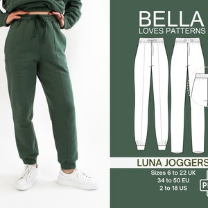 May include: A digital sewing pattern for Luna joggers, designed by Bella Loves Patterns. The pattern includes sizes 6 to 22 UK, 34 to 50 EU, and 2 to 18 US. The pattern is available as a PDF download.