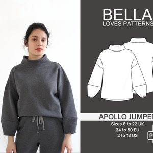 Op de afbeelding: Een grijze trui met een hoge hals en lange mouwen, met een losse pasvorm. De trui wordt getoond op een model. De tekst "BELLA LOVES PATTERNS" en "APOLLO JUMPER" is te zien in de afbeelding. De tekst "Sizes 6 to 22 UK, 34 to 50 EU, 2 to 18 US" en "PDF" is ook te zien in de afbeelding.