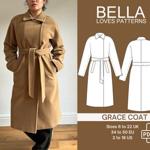 Peut inclure: Un manteau marron à ceinture avec une coupe longue et fluide. Le manteau est présenté sur un mannequin et a un style simple et élégant. Le texte "BELLA LOVES PATTERNS" et "GRACE COAT" est affiché sur l'image. Le texte "Sizes 6 to 22 UK, 34 to 50 EU, 2 to 18 US" et "PDF" est également affiché sur l'image.