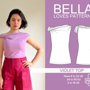 May include: A sewing pattern for a violet top with a draped neckline. The pattern includes sizes 6 to 22 UK, 34 to 50 EU, and 2 to 18 US. The pattern is available as a PDF download.