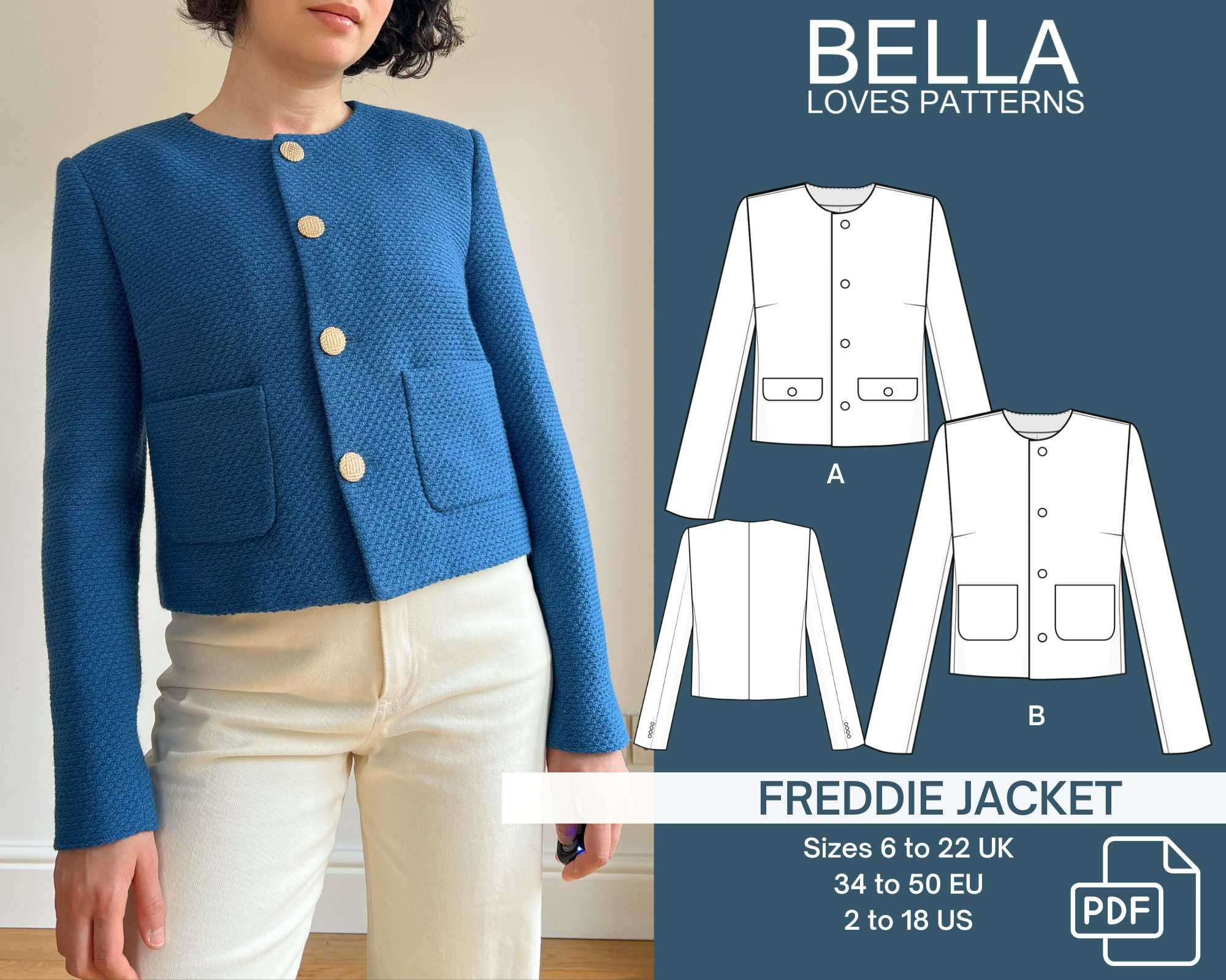 FREDDIE JACKET - Pdf Sewing Pattern - Tweed Jacket - Sizes 6