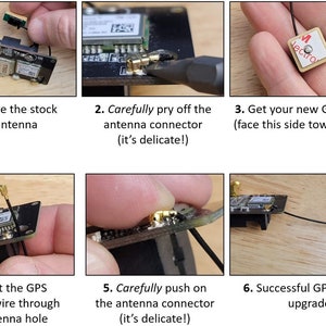 May include: A step-by-step guide on how to replace a GPS antenna. The images show how to remove the old antenna, install a new one, and connect it to the board. The new antenna is black with a small white sticker that says "Lectro".