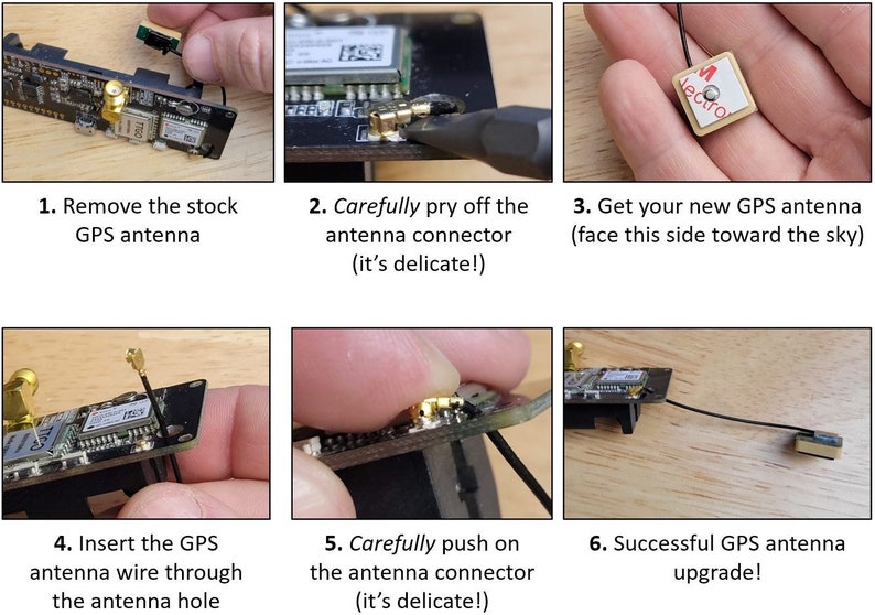May include: A step-by-step guide on how to replace a GPS antenna. The images show how to remove the old antenna, install a new one, and connect it to the board. The new antenna is black with a small white sticker that says "Lectro".