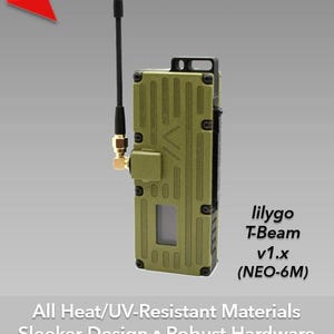 May include: Olive green Generation 2 Meshtastic case with a black antenna. The case has a rectangular design with a small screen and the text "lilygo T-Beam v1.x (NEO-6M)". The image also includes the text "NEW UPDATE!"
