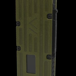 May include: A green, rectangular, handheld radio with a black antenna and a small screen. The radio has a textured surface and a black strap.