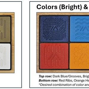 May include: Two wooden frames with six color swatches each. The top frame shows earth tones: army green, dark chocolate, driftwood, brown, black, and white. The bottom frame shows bright colors: dark blue, bright blue, purple, pink, red, orange, yellow, and bright green. Each swatch has a different pattern.