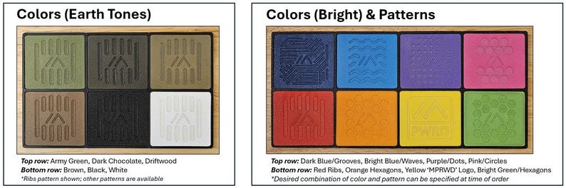 May include: Two wooden frames with six color swatches each. The top frame shows earth tones: army green, dark chocolate, driftwood, brown, black, and white. The bottom frame shows bright colors: dark blue, bright blue, purple, pink, red, orange, yellow, and bright green. Each swatch has a different pattern.
