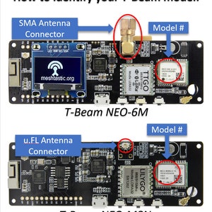 May include: A close-up of two T-Beam models, the NEO-6M and NEO-M8N. The NEO-6M has a SMA antenna connector and the NEO-M8N has a u.FL antenna connector. Both models feature a black circuit board with a white text label that reads "T-Beam".
