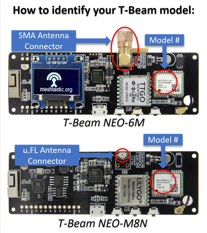 May include: A close-up of two T-Beam models, the NEO-6M and NEO-M8N. The NEO-6M has a SMA antenna connector and the NEO-M8N has a u.FL antenna connector. Both models feature a black circuit board with a white text label that reads "T-Beam".