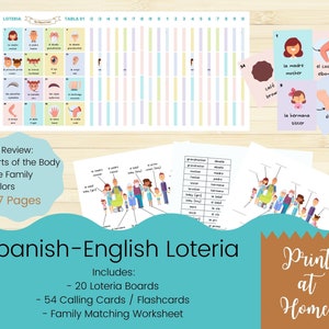 May include: Spanish-English Loteria game with 20 boards, 54 calling cards, and a family matching worksheet. The game includes images of family members and body parts with Spanish and English labels.