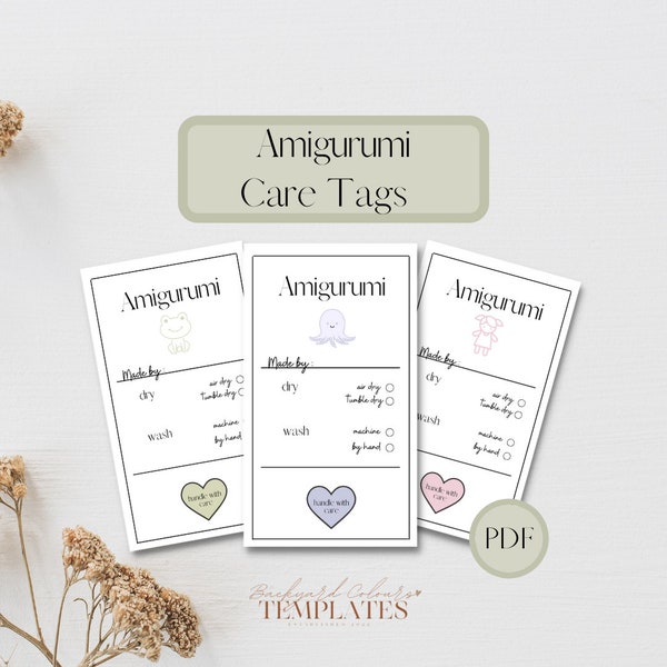 Amigurumi Care Tag, Custom Kraft Tag, washing instructions, market prep tags, printable tags, care label, crochet care tags, printable care