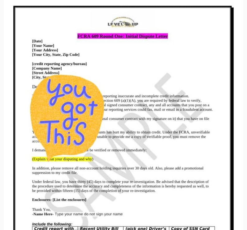 Round 1 FCRA 609 Dispute Letter Credit Repair Etsy