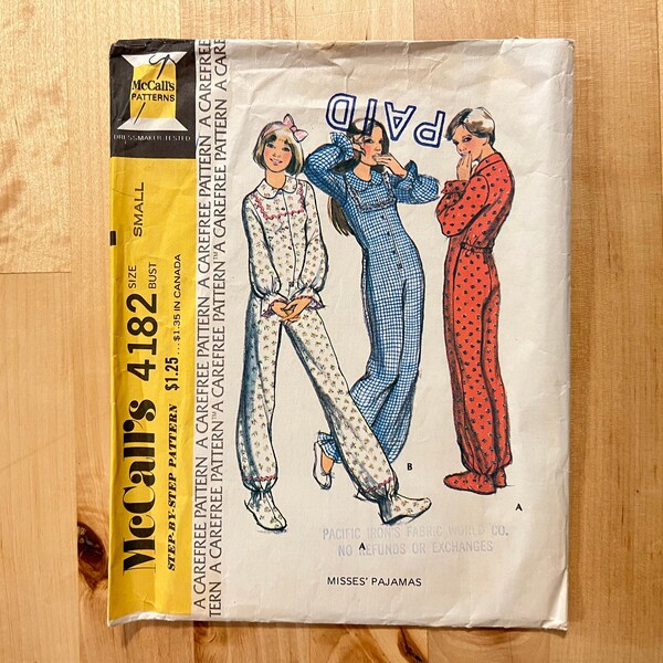 McCalls 4182 Vintage Women's Footed Pajamas | Size Small | 1970's Sewing Pattern, Cut & Complete