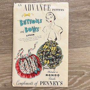 May include: A vintage sewing pattern for an apron with a retro design. The pattern is titled "Buttons and Bows" and is illustrated in Rondo Percale. The pattern is from J.C. Penney Company, Inc.