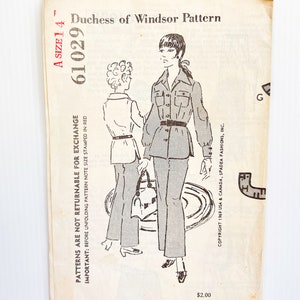 May include: A vintage sewing pattern for a women's pantsuit. The pattern is for size 14 and is called "Duchess of Windsor Pattern". The pattern is from 1969 and is copyright SpadeA Fashions, Inc.