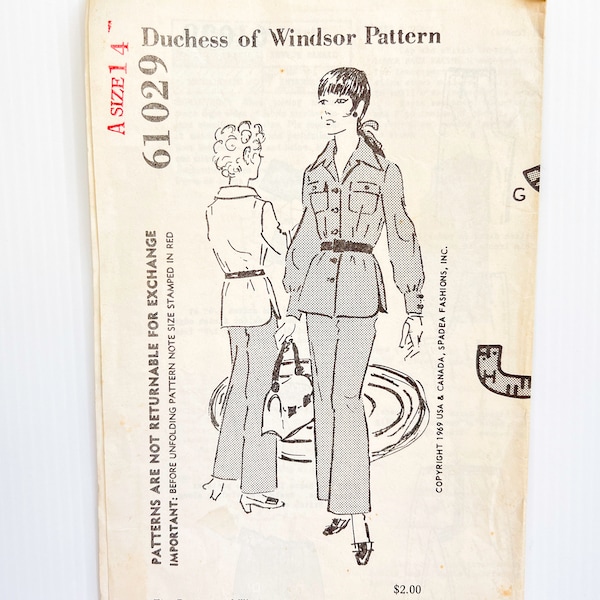 Spadea Duchess of Windsor 61029 Vintage Women's Shirt Jacket & Wide Leg Pants | Size 14, Bust 36 | 1960's Unprinted Sewing Pattern, Complete