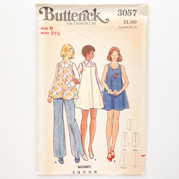 Butterick 3057 Vintage Women's Flared Dress, Jumper, Tunic & Wide Leg Pants | Size 8, Bust 31 1/2 | 1970s Maternity Sewing Pattern, Uncut