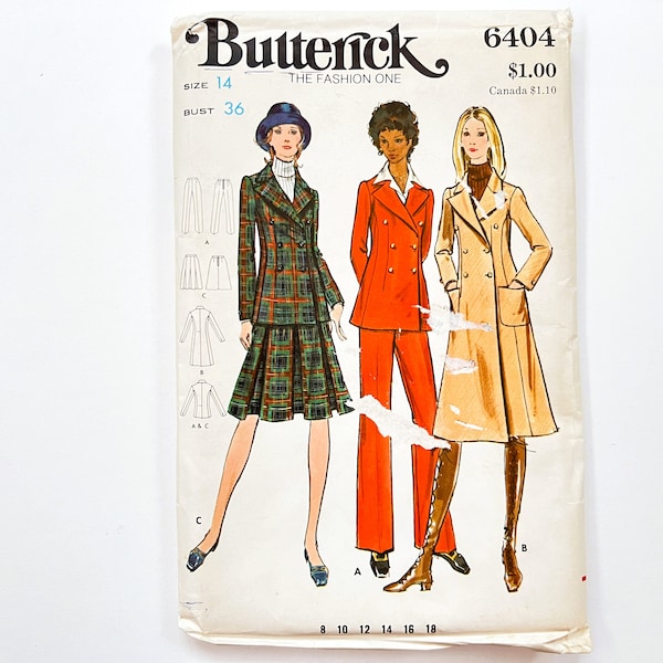 Butterick 6404 Vintage Women's Double Breasted Suit Jacket, Skirt, Pants, and Coat | Size 14, Bust 36 | 1970's Sewing Pattern, Uncut FF