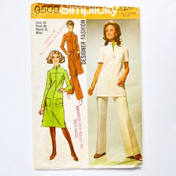 Simplicity 9509 Vintage Women's Dress or Tunic & Pants | Size 18, Bust 40 | 1970's Designer Fashion Sewing Pattern, Uncut FF