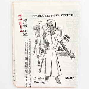 May include: Black and white vintage sewing pattern for a dress. The pattern is labeled "Spadea Designer Pattern" and "NS-316". The pattern includes instructions for making a dress with a V-neckline and short sleeves.