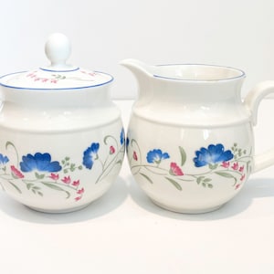 Vintage Royal Doulton Windermere Coffee Creamer and Sugar Bowl + Lid | Blue & Pink Floral