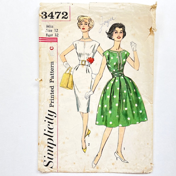Simplicity 3472 Vintage Women's One-Piece Dress With Two Skirts & Cummerbund | Size 12, Bust 32 | 1960's Sewing Pattern, Cut Complete