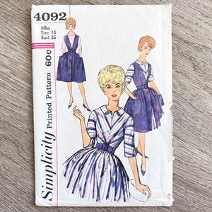 May include: Vintage Simplicity sewing pattern 4092 for a dress with a striped bodice and a full skirt. The pattern is for size 16 with a bust measurement of 36 inches.