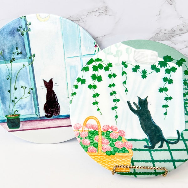 Vintage Mebel Italy Melamine Black Cat Round Footed Trivets | Set of 2 | Purrfect Cat Lovers Gift