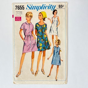 Simplicity 7655 Vintage Women's A Line Dress | Size 12 1/2, Bust 35 | 1960's Sewing Pattern, Cut & Complete